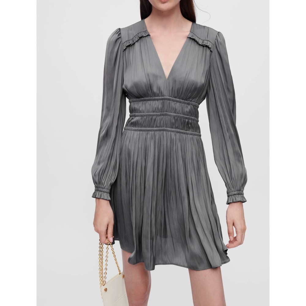 Maje 'Rianna' Smocked Waist Long Sleeve Satin Ruffle Dress Gray- Size 38/US 6